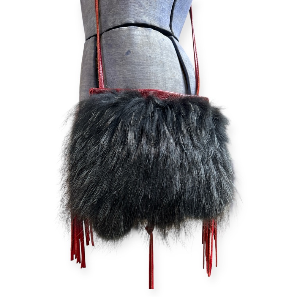 Genuine Red Leather Fox Fur Fringe Crossbody Bag Purse